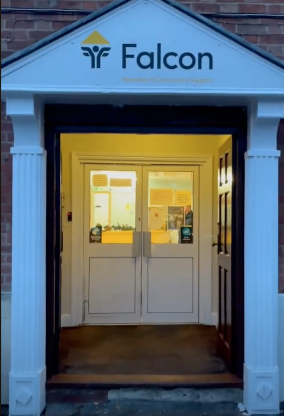 Front door of the Leicestershire Falcon Support Services for the homeless building