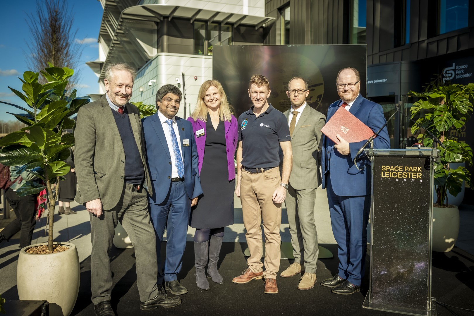 (L-R) Sir Peter Soulsby, Leicester City Mayor; Professor Nishan Canagarajah, President and Vice-Chancellor at University of Leicester; Professor Sarah Davies, Pro Vice-Chancellor and Head of College of Science and Engineering at the University of Leicester; Major Tim Peake; Professor Richard Ambrosi, Executive Director of Space Park Leicester; George Freeman MP, Science Minister; at the opening of Space Park Leicester.