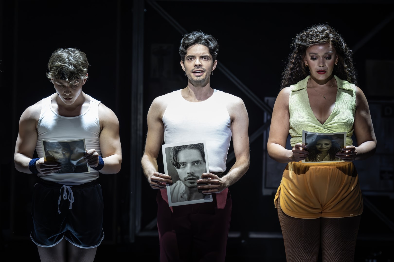 (L-R) Archie Durrant (Mark Anthony), Manuel Pacific (Paul San Marco) and Jocasta Almgill (Diana Morales) - Photography by Marc Brenner